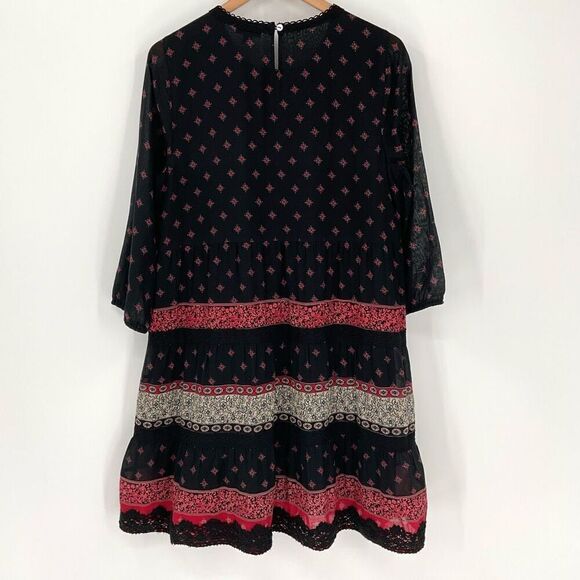 J Jill Pintucked Lace Trim Midi Dress Tiered A-Line Black Red Women Medium Boho - Picture 8 of 11